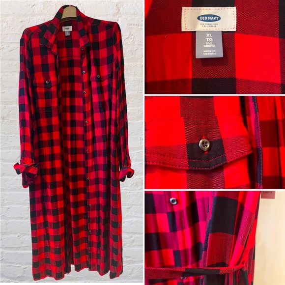 Old Navy Dresses & Skirts - AMAZING SHIRT DRESS WITH BELT•LIGHT COTTON•RED PLAID•LONG (MAXI)•NEW WITH TAGS